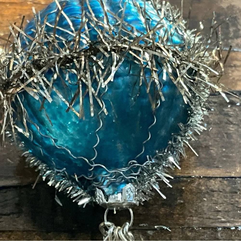 Unique Blue Glass Ornament with Wire Tinsel Beads
